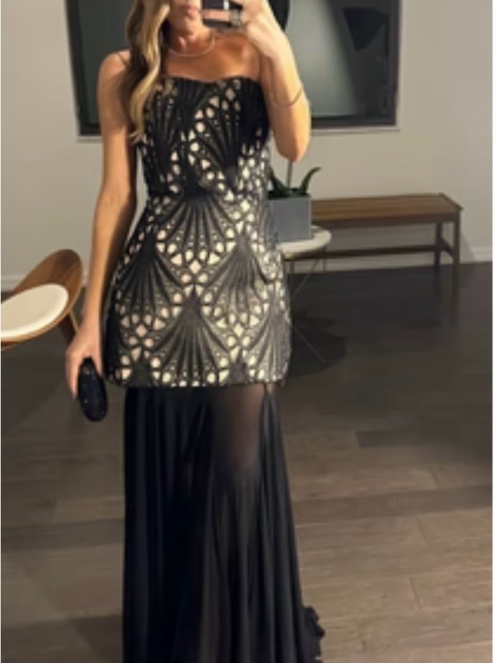 Elegant Black Strapless Evening Gown with Metallic Lace Overlay